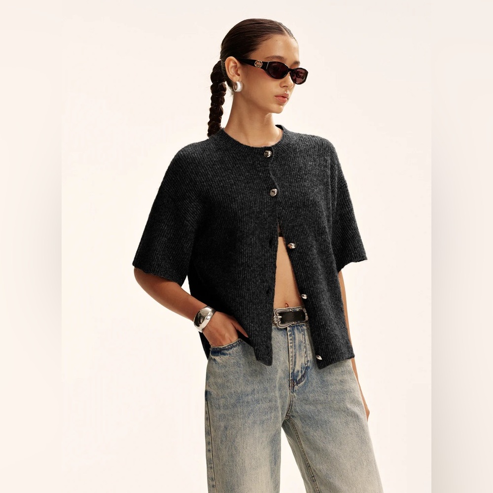 COMMENSE Wool-Blend Short-Sleeved Cardigan - size Small